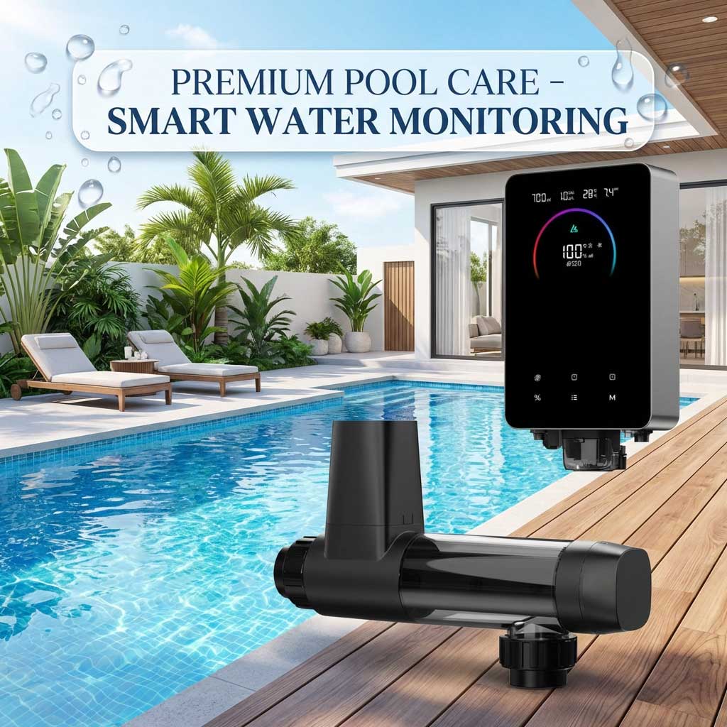 Intelligentes Wasserüberwachungssystem neben einem modernen Schwimmbad.