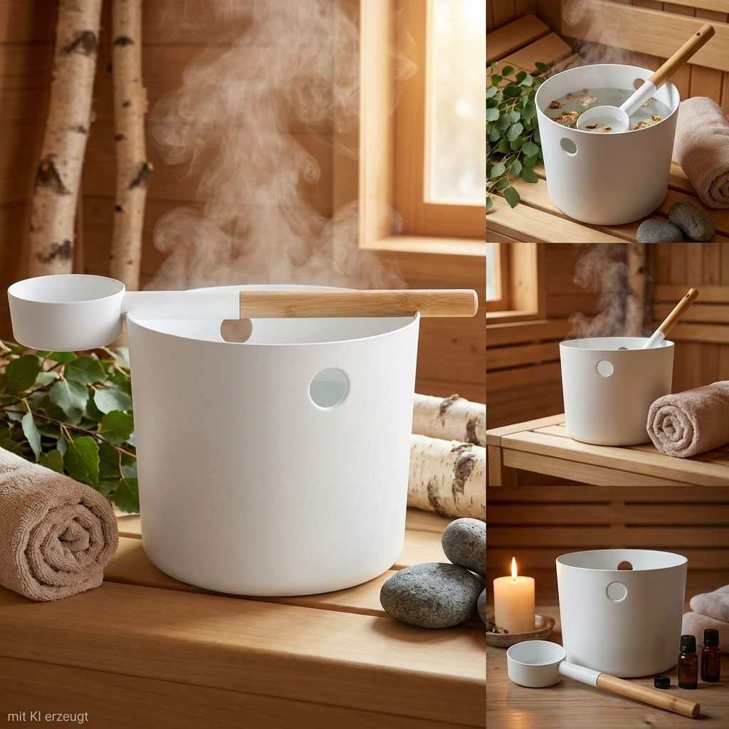 Ein weißer Saunakübel mit Holzgriff und passender Schöpfkelle, aus der Dampf austritt.