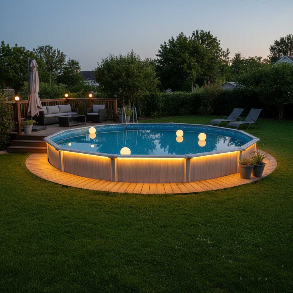Oberirdischer Swimmingpool mit integrierter Beleuchtung und umlaufendem Deck- und Terrassenbereich.