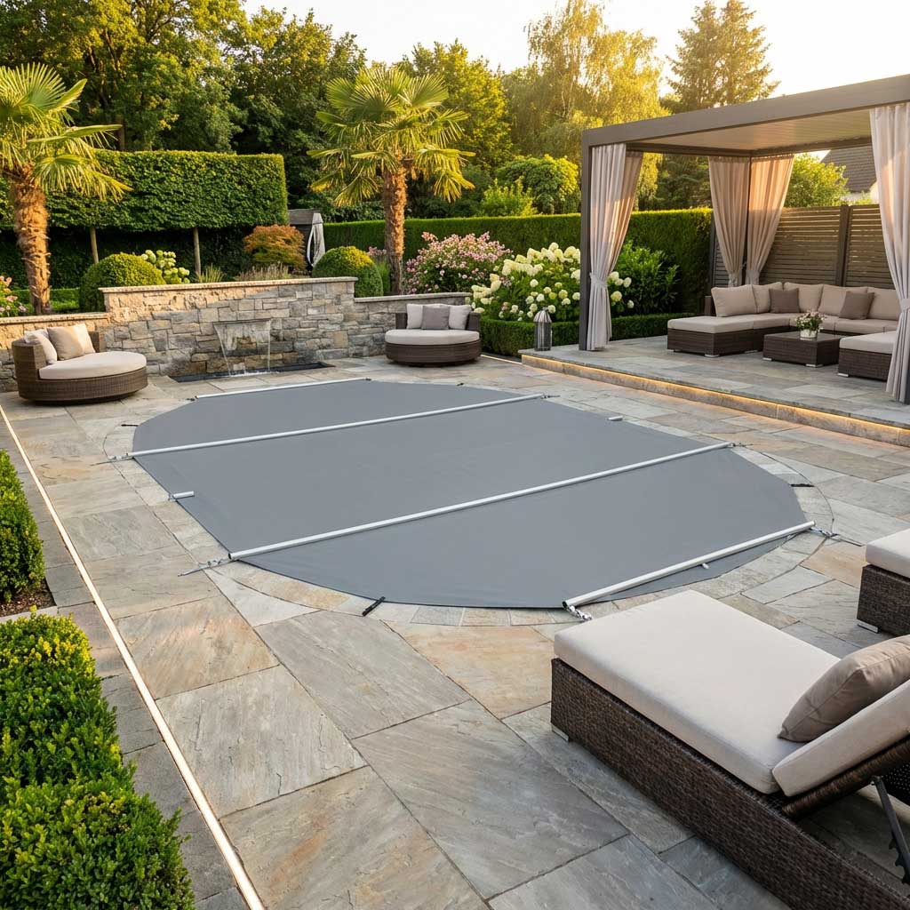 Runder Pool mit grauer Sicherheitsabdeckung auf einer Steinterrasse.