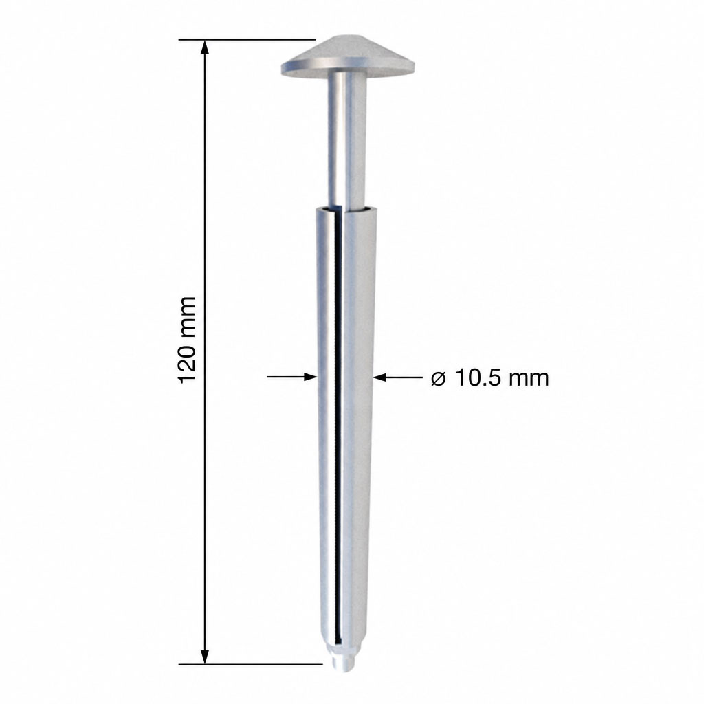 Edelstahlmast mit einer Höhe von 120 mm und einem Durchmesser von 10,5 mm.