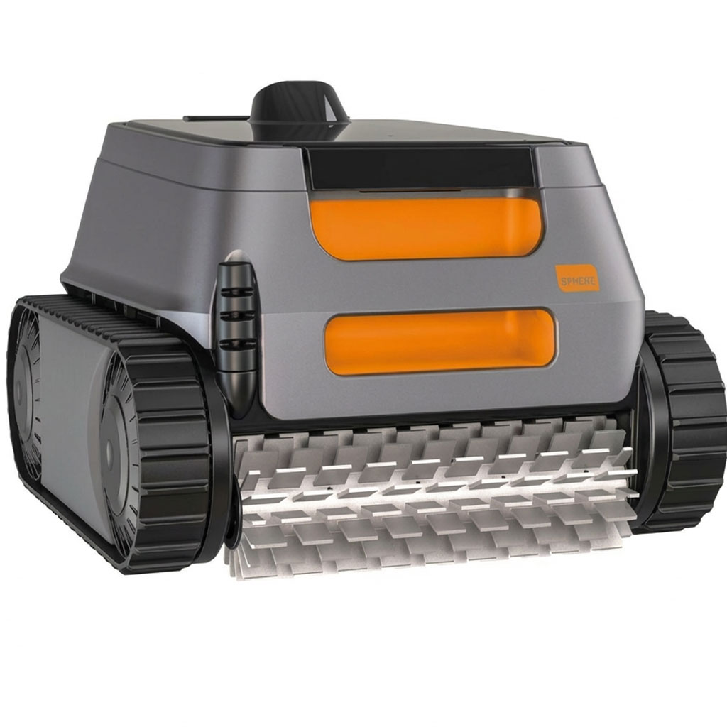 Automatisierter Poolreiniger mit Schienen und Reinigungsbürsten.