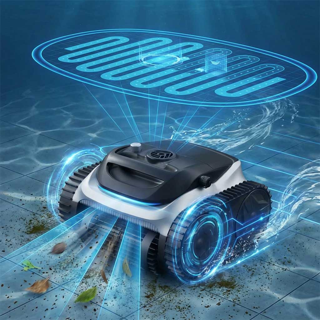 Roboter-Poolreiniger mit aktivem Schrubben und intelligentem Navigationssystem in einem gefliesten Pool.