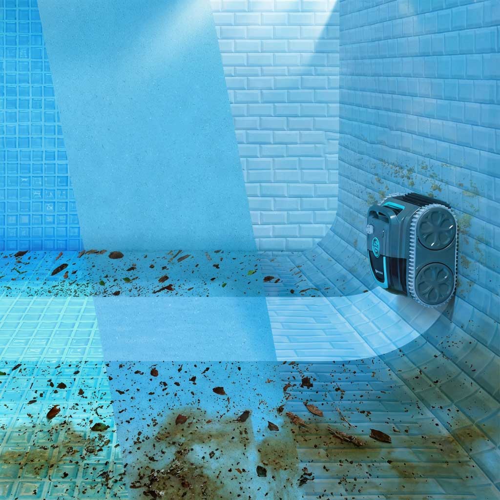 Poolboden mit Schmutz und einem automatischen Poolreiniger an der Wand.