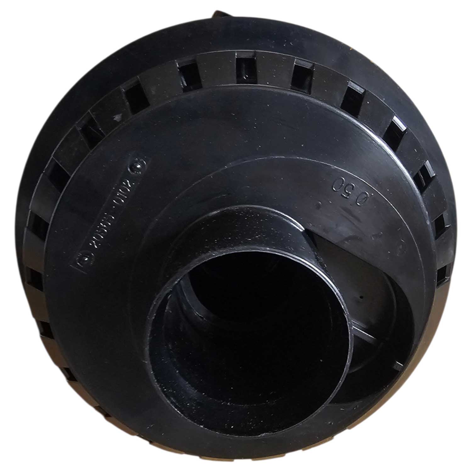 Eine schwarze Pool-Skimmer-Korbkomponente aus Kunststoff mit einer zentralen kreisförmigen Öffnung und seitlichen Lüftungsschlitzen.