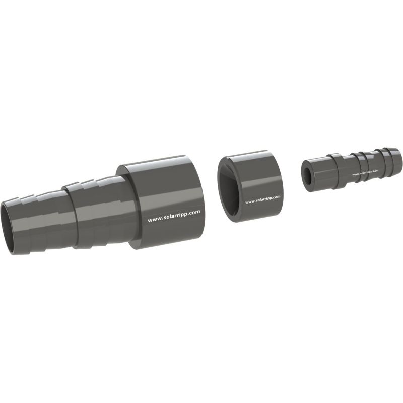 Abbildung zeigt graue Stufenschlauchadapter mit zylindrischen Kupplungen für Flüssigkeitstransfersysteme.