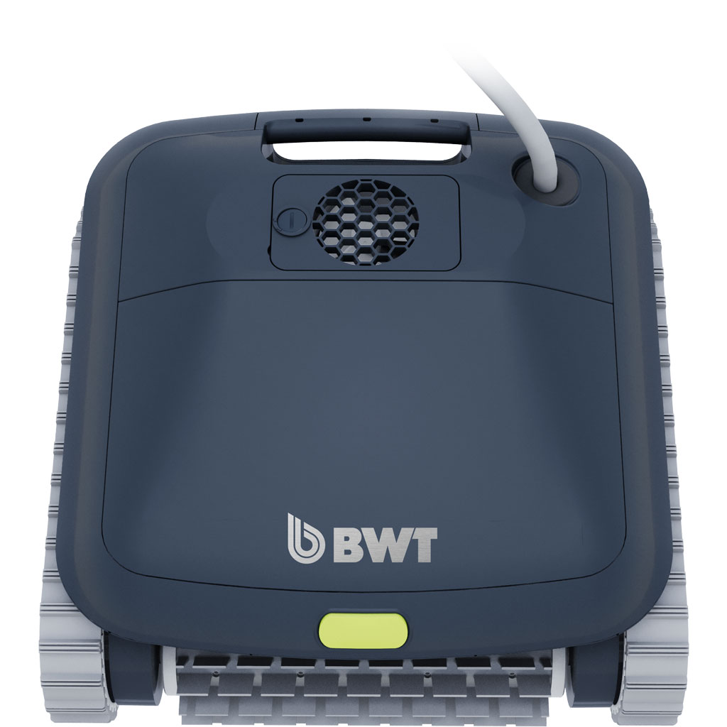 Ein automatisierter BWT-Poolreiniger mit Schienen und oben montiertem Griff. Es verfügt über eine kreisförmige Entlüftung.