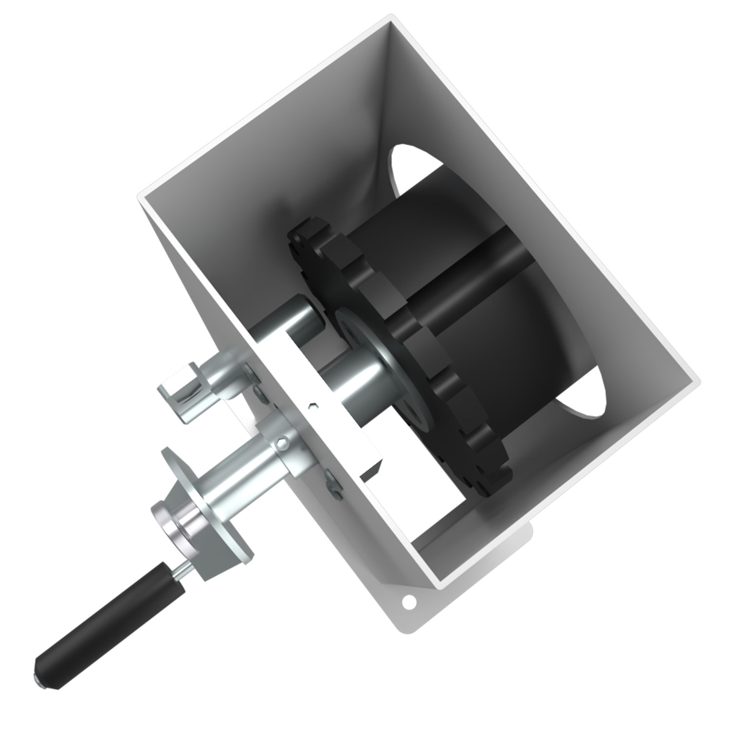 Mechanische Poolabdeckungstrommel mit schwarzer Trommel und Metallrahmen.
