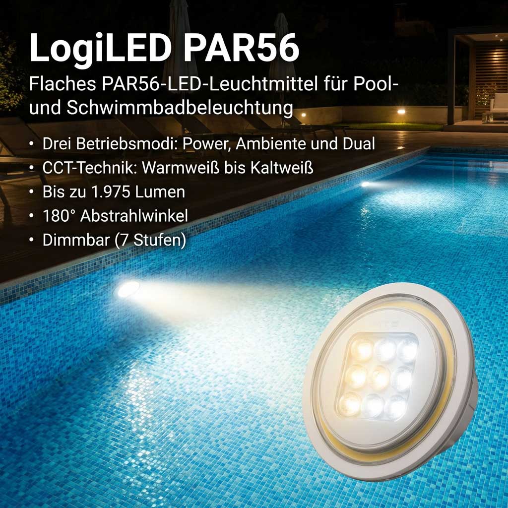 Flaches PAR56-LED-Leuchtmittel für Pool- und Schwimmbadbeleuchtung mit drei Betriebsmodi.