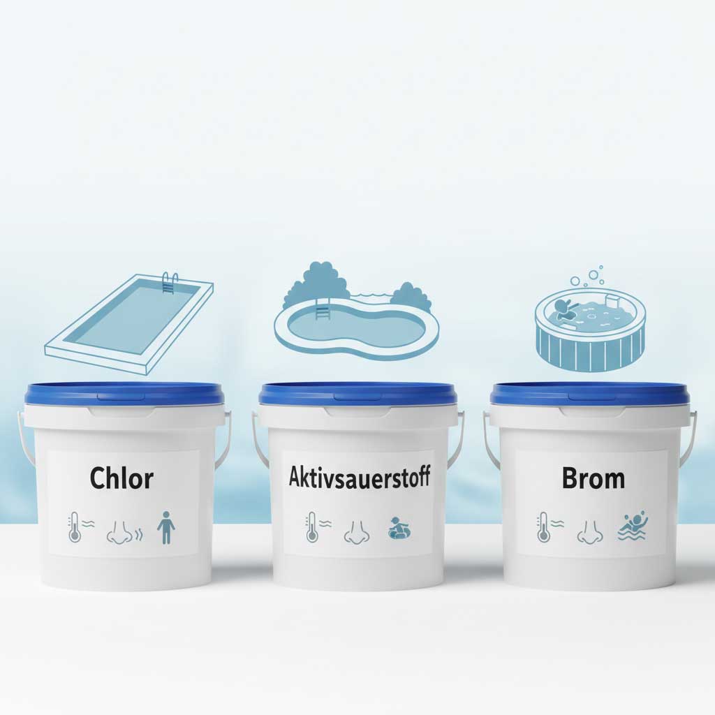 Drei Eimer mit Poolchemikalien, identifiziert als Chlor, Aktivsauerstoff und Brom.
