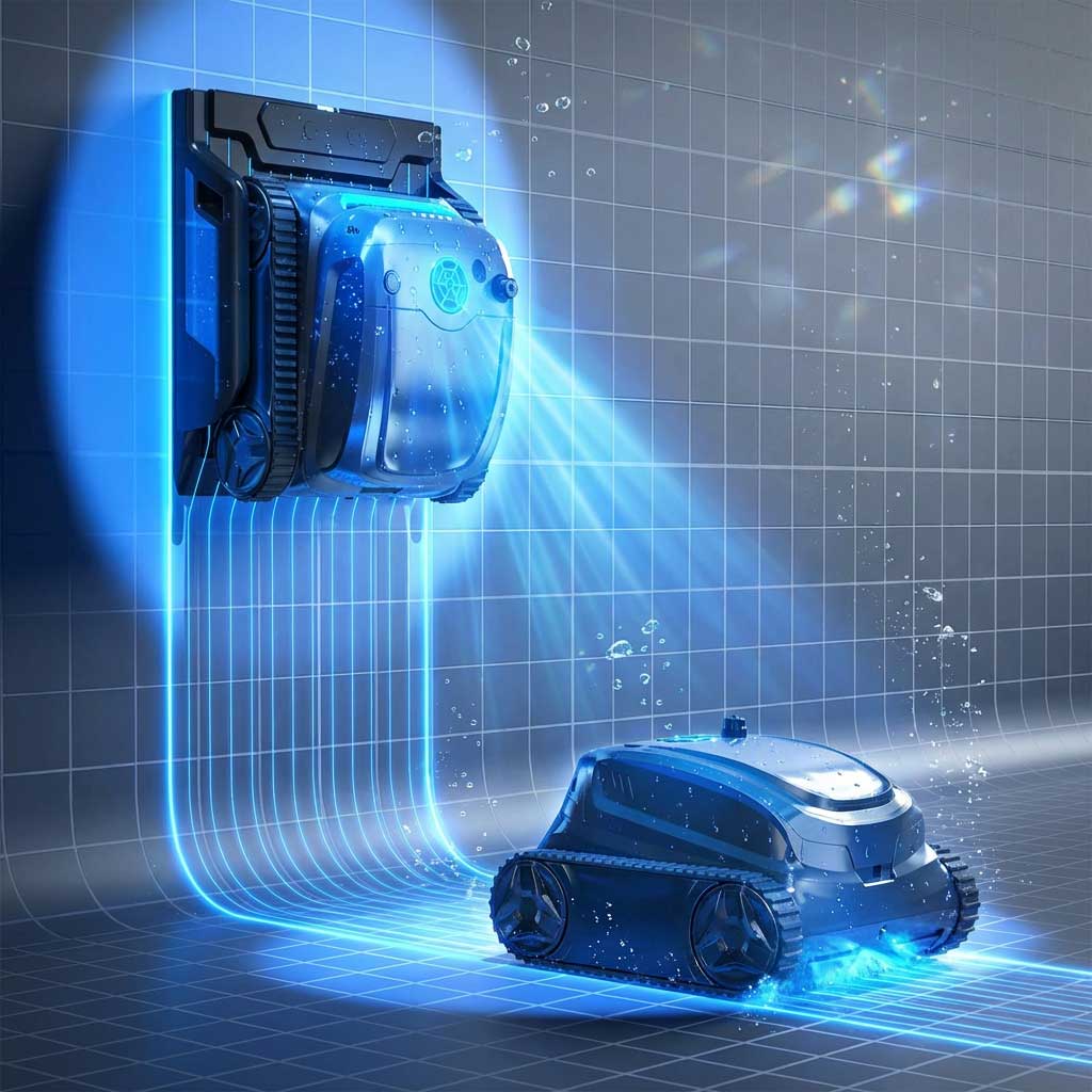 Automatischer Poolreiniger mit Wasserstrahlen für eine effiziente Reinigung.