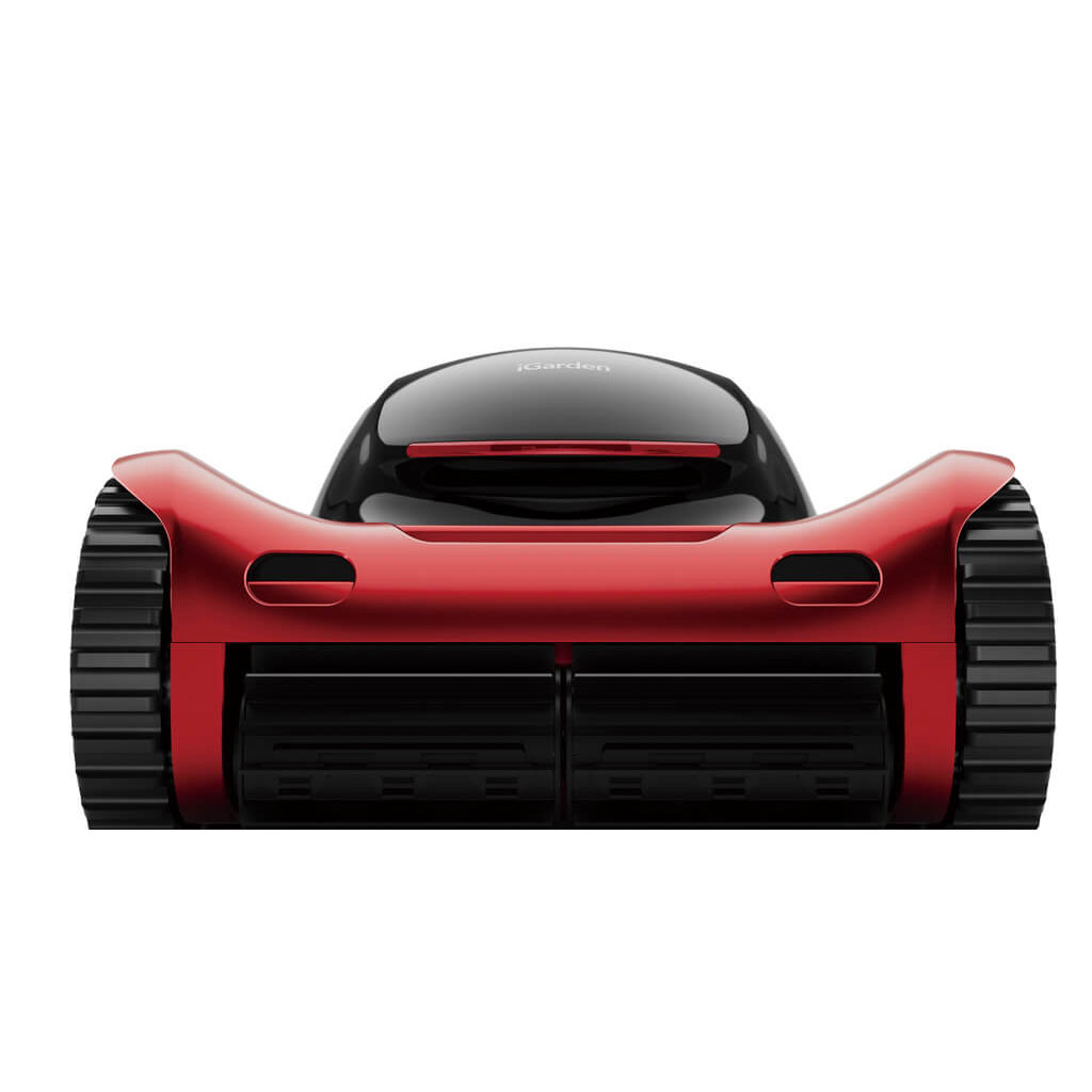 Roter Roboter-Rasenmäher mit Doppelspur, von vorne gesehen.