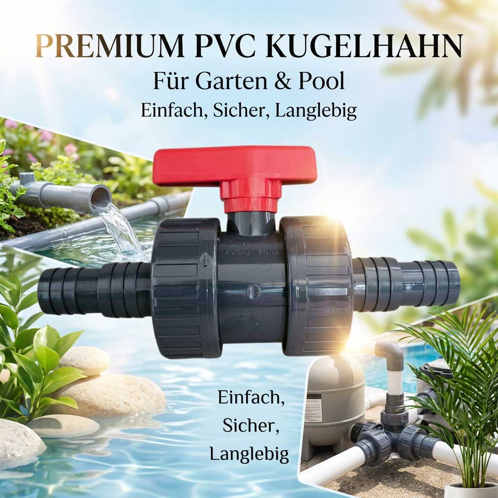PVC-Kugelhahn für Garten- und Poolanwendungen mit rotem Griff.