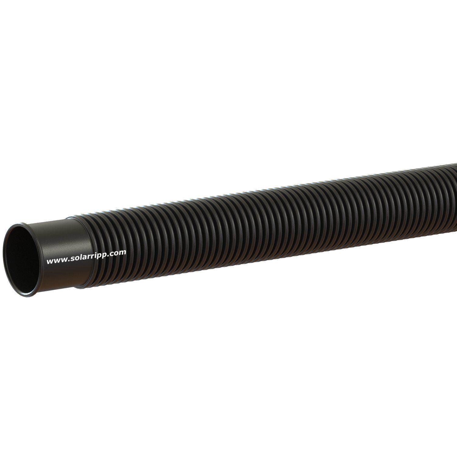 Das Bild zeigt ein gewelltes schwarzes Kunststoffrohr, das für Sanitär- oder Entwässerungsanwendungen verwendet wird.