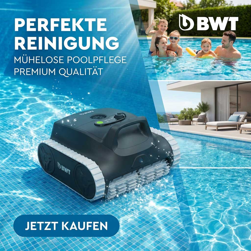 Bild eines automatischen Poolreinigers von BWT mit Schienensystem im Einsatz in einem gefliesten Schwimmbad.