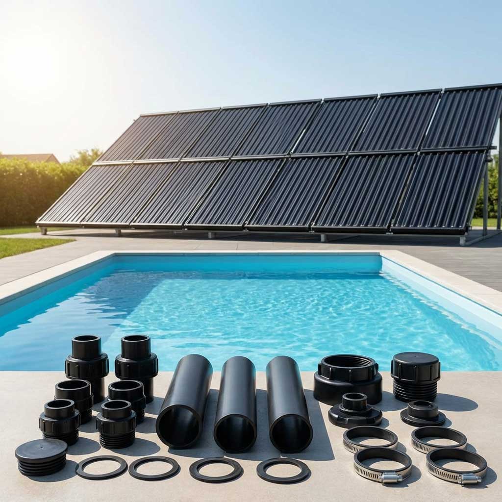 Komponenten für die Installation eines Solar-Poolheizungssystems, ausgestellt in der Nähe eines gefüllten Swimmingpools.