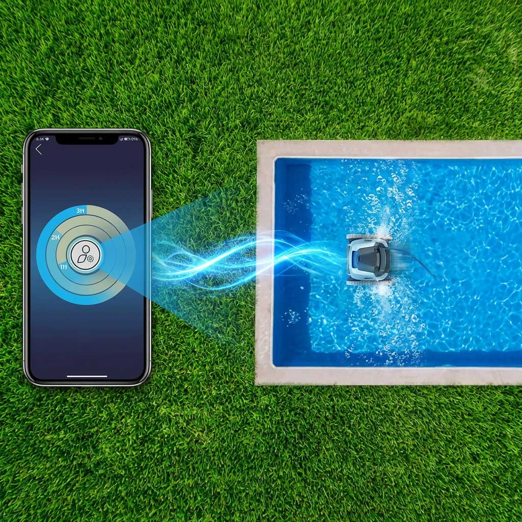 Ein Roboter-Poolreiniger, der mit einer Smartphone-Schnittstelle in einem Schwimmbad arbeitet.
