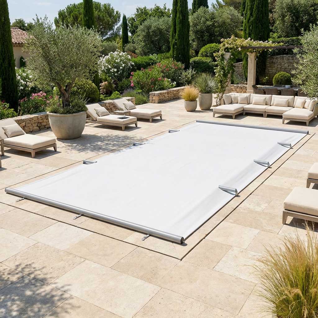 Weiße Poolabdeckung, installiert über einem rechteckigen Schwimmbecken.