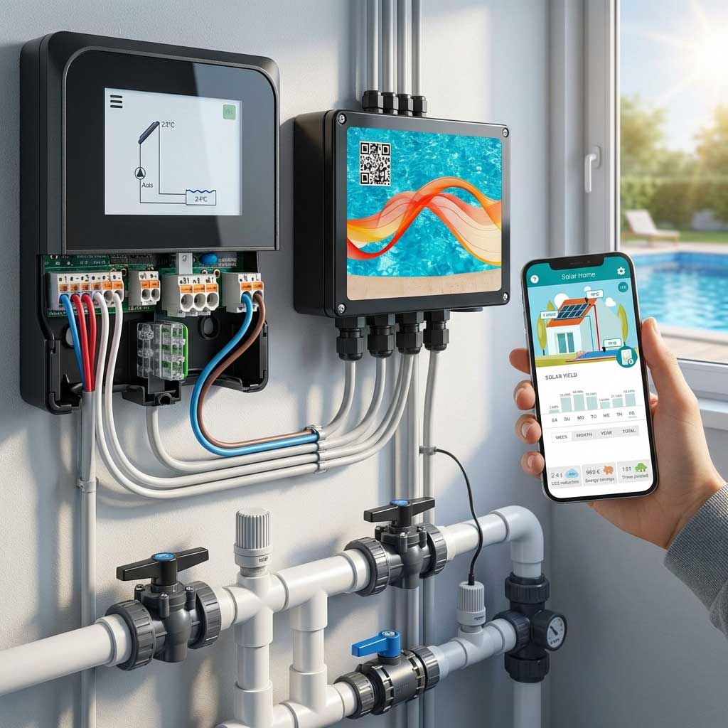 Bild eines Poolautomatisierungssystems mit Bedienfeld, Telefon und Sanitärkomponenten.