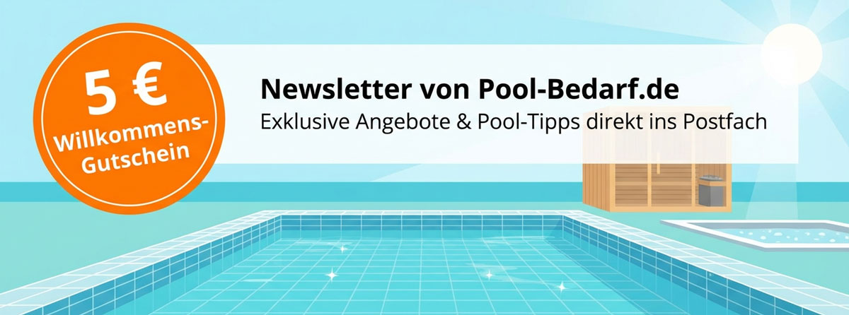Illustration eines gefliesten Schwimmbads, einer Sauna und eines Newsletter-Angebots. Poolbezogene Inhalte.