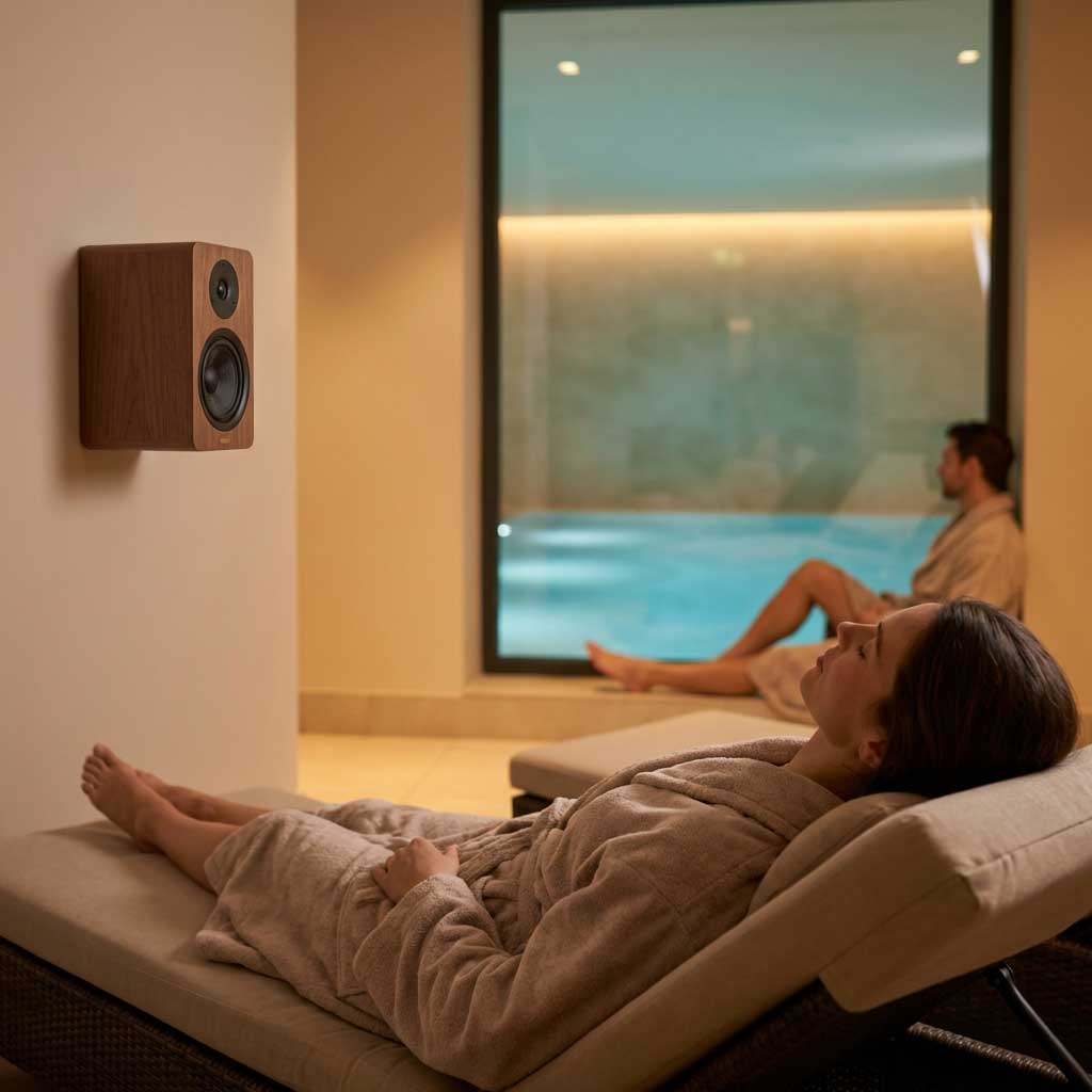 Wandlautsprecher in einem Ruhebereich mit Liegestühlen und durch ein Fenster sichtbarem Pool.