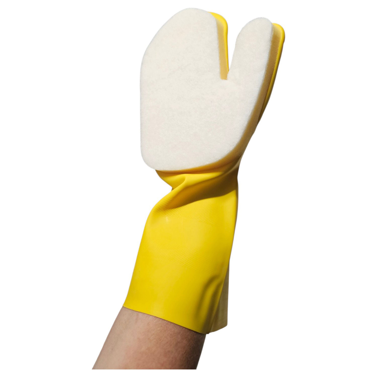 Ein gelber Gummi-Reinigungshandschuh mit integriertem weißen Schwammpolster an Handfläche und Daumen.