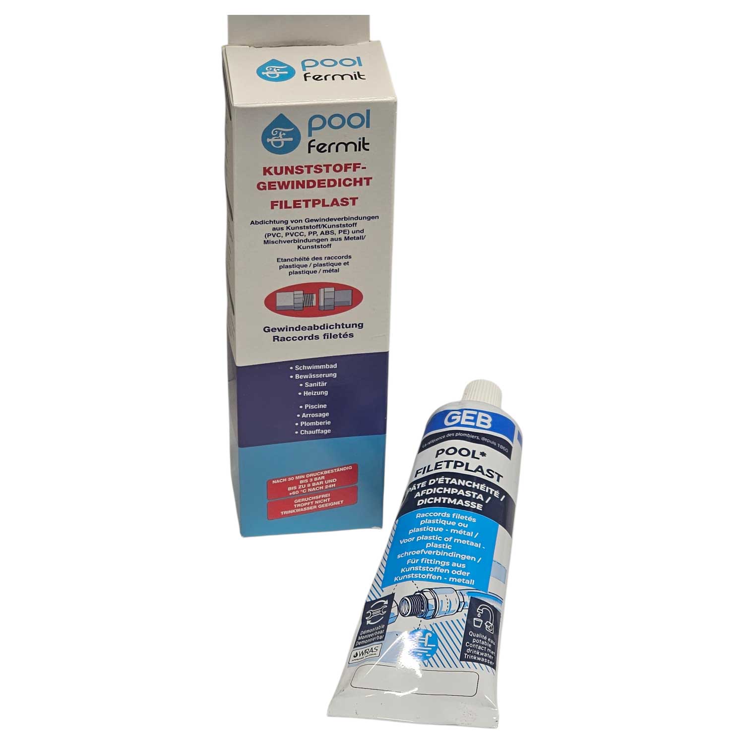 Kunststoff-Gewindedichtmittel für Poolanschlüsse in einer Tube mit Verpackung.