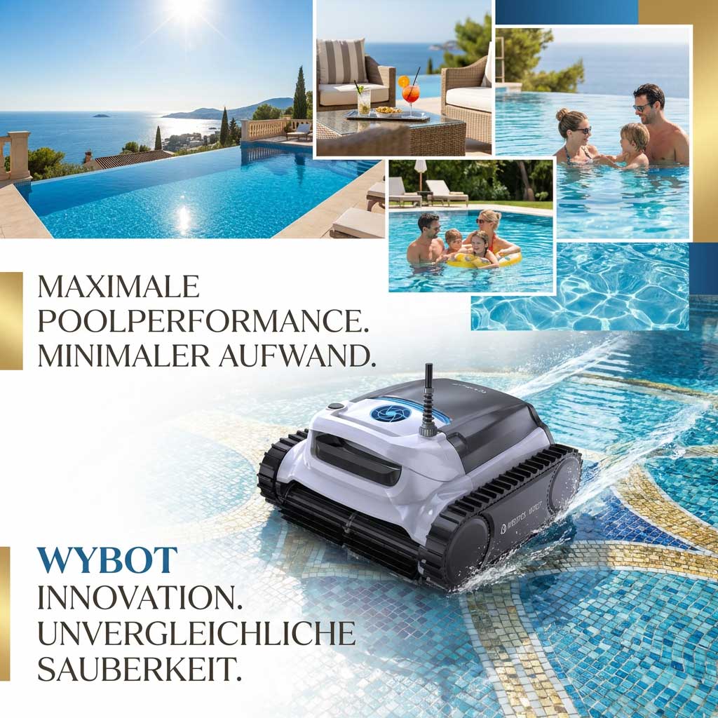 Roboter-Poolreiniger, der in einem Schwimmbad mit klarem Wasser arbeitet.