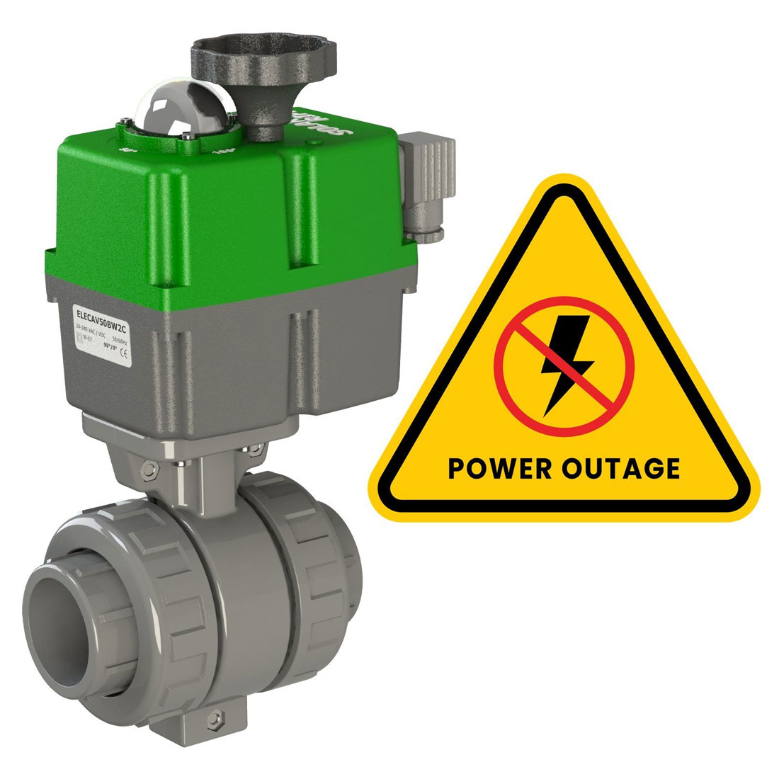 Automatisierter Kugelhahn mit elektrischem Antrieb und einem Warnschild, das auf einen Stromausfall hinweist.