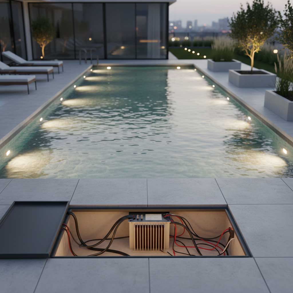 Rechteckiger Swimmingpool mit Unterwasserbeleuchtung, dargestellt mit einer offenen Zugangsklappe, die den Blick auf die elektrische Ausrüstung freigibt.