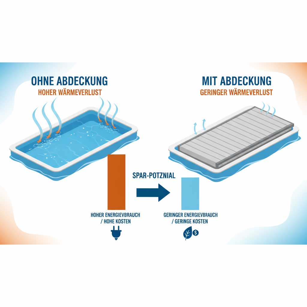 Infografik, die die Energie- und Kosteneinsparungen durch den Einsatz einer Poolabdeckung veranschaulicht. Energieeffizient.
