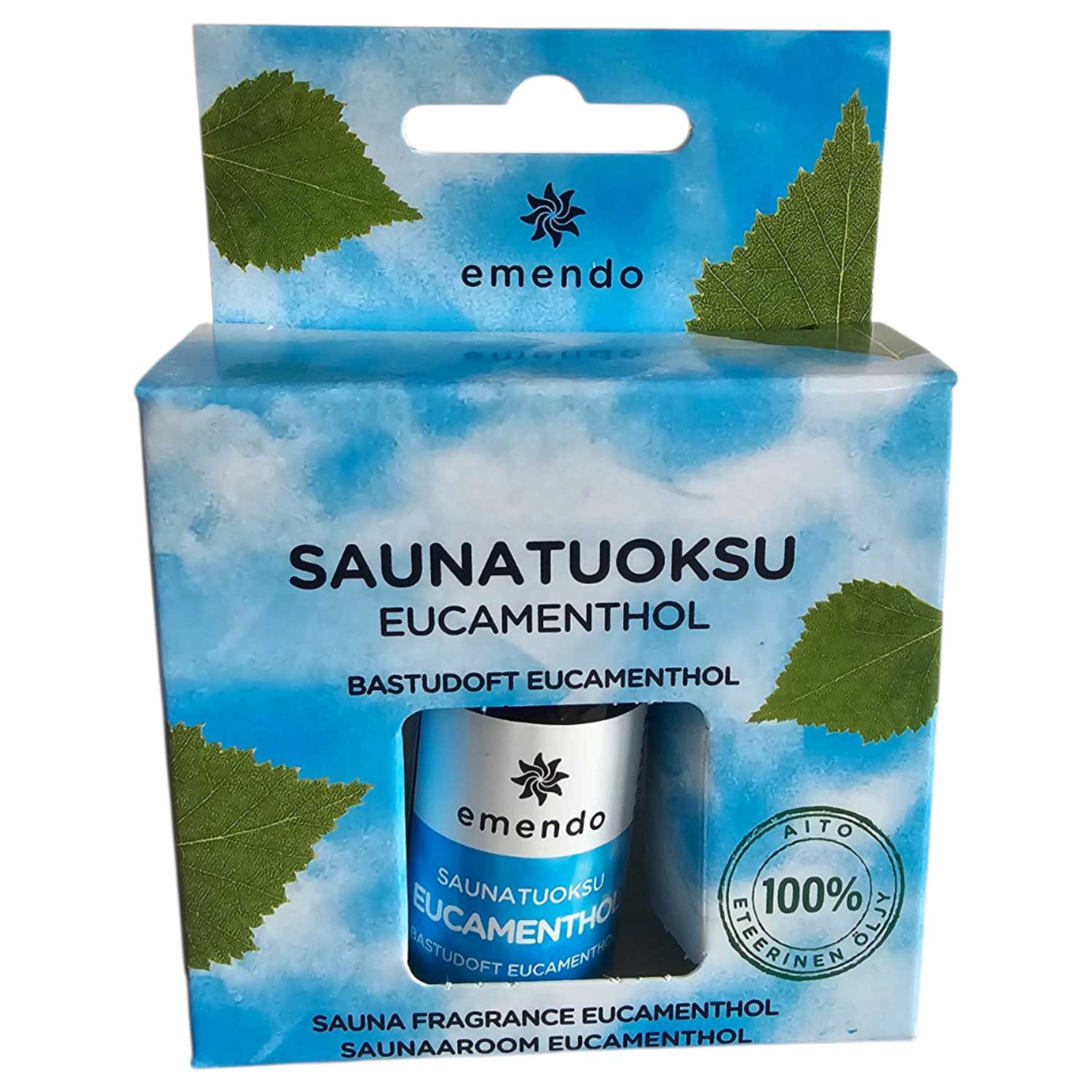 Eine rechteckige Produktverpackung aus Karton mit einer Flasche Sauna-Duftöl darin.