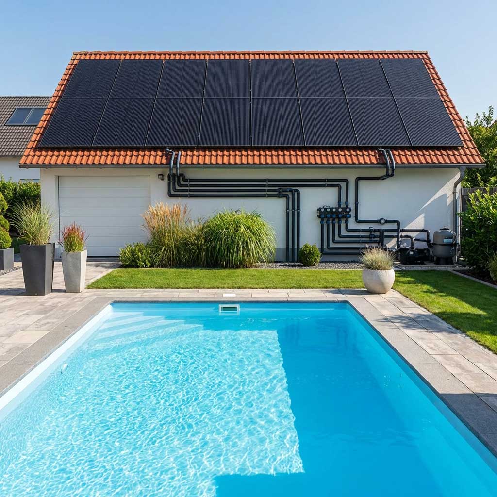 Rechteckiger Swimmingpool mit angeschlossener Solaranlage auf dem Dach des Nebengebäudes.