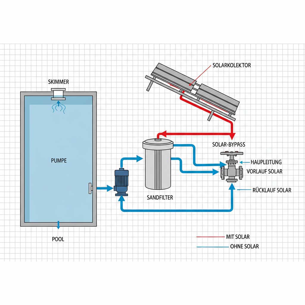 Schematische Darstellung eines Solar-Poolheizungssystems, einschließlich Pool, Pumpe und Solarkollektor.