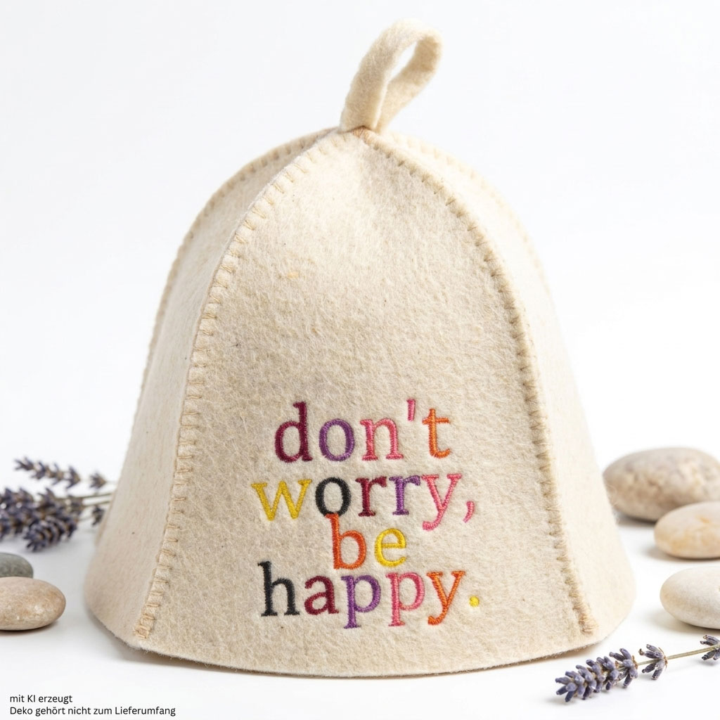 Ein beiger Filz-Saunahut mit dem farbenfrohen gestickten Text „Don’t care be happy“.
