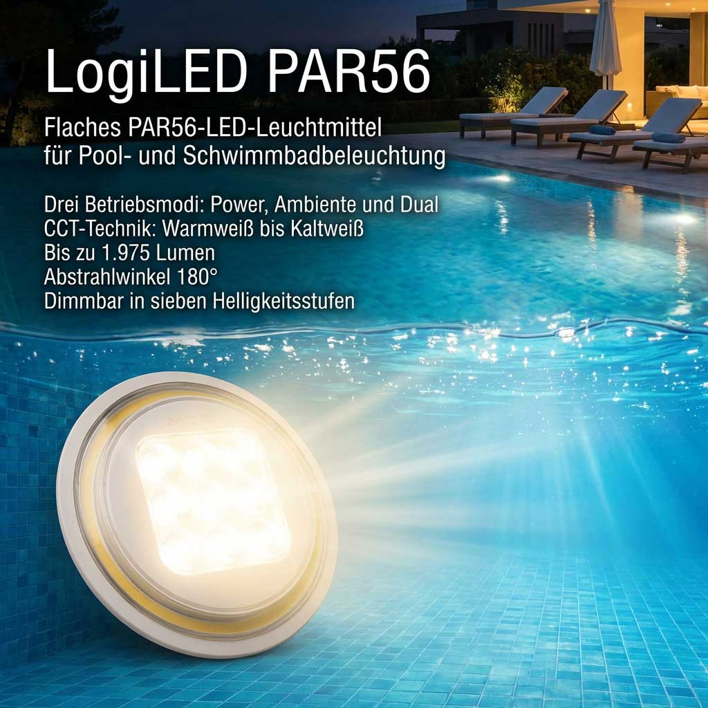 LogiLED PAR56 flache LED-Lampe für Pool- und Schwimmbadbeleuchtung, 1975 Lumen, 180° Abstrahlwinkel.