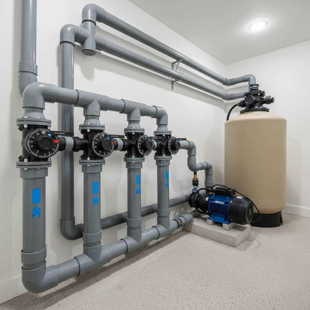 Bild, das eine komplexe Konfiguration aus PVC-Rohren, Ventilen, Pumpen und einem Filtertank für ein Poolsystem zeigt.