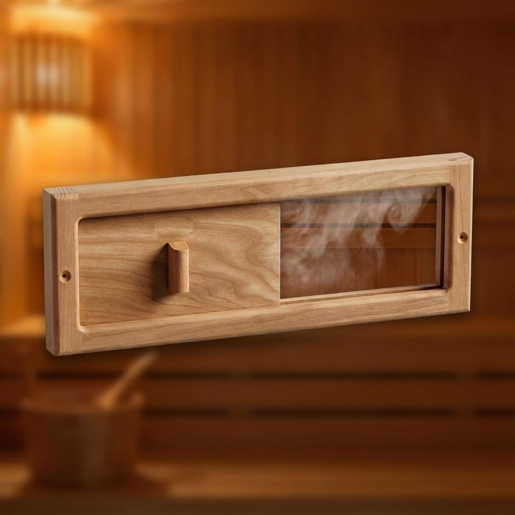 Ein rechteckiger Sauna-Lüftungsschieber aus dunkelbraunem Thermalholz mit Schiebegriff.