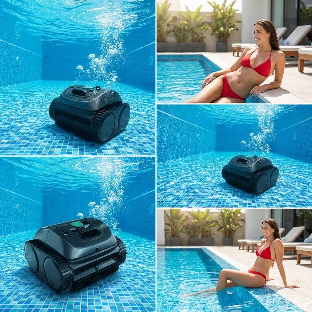 Roboter-Poolreiniger im Einsatz in einem gefliesten Schwimmbad.