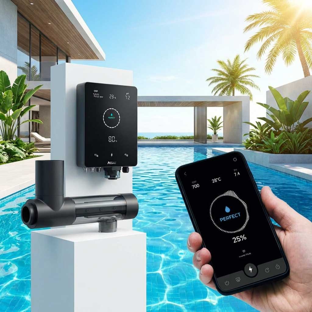 Poolsteuerungssystem, das Einstellungen auf einer Smartphone-App anzeigt.