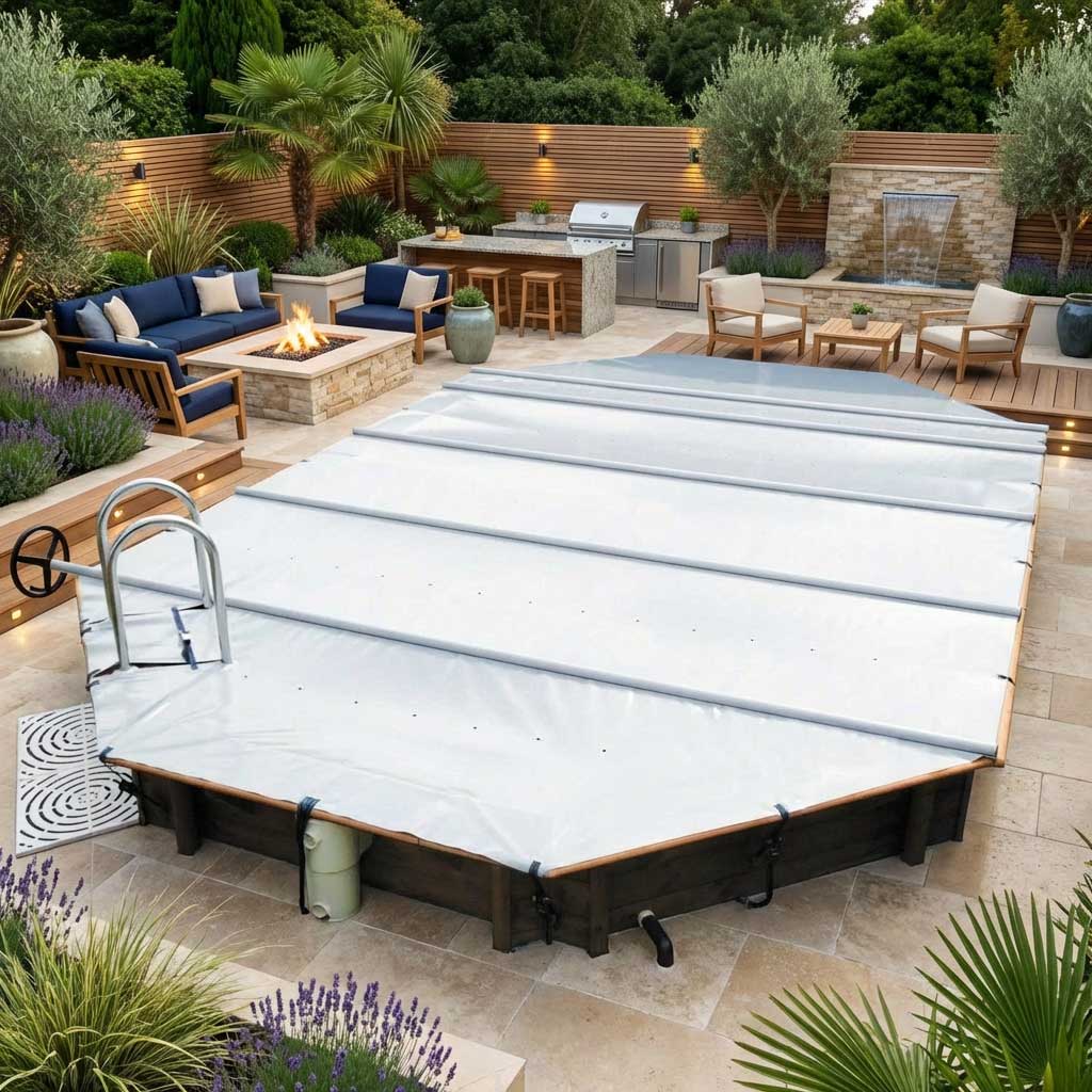 Achteckiger Pool mit Sicherheitsabdeckung und Leiter.