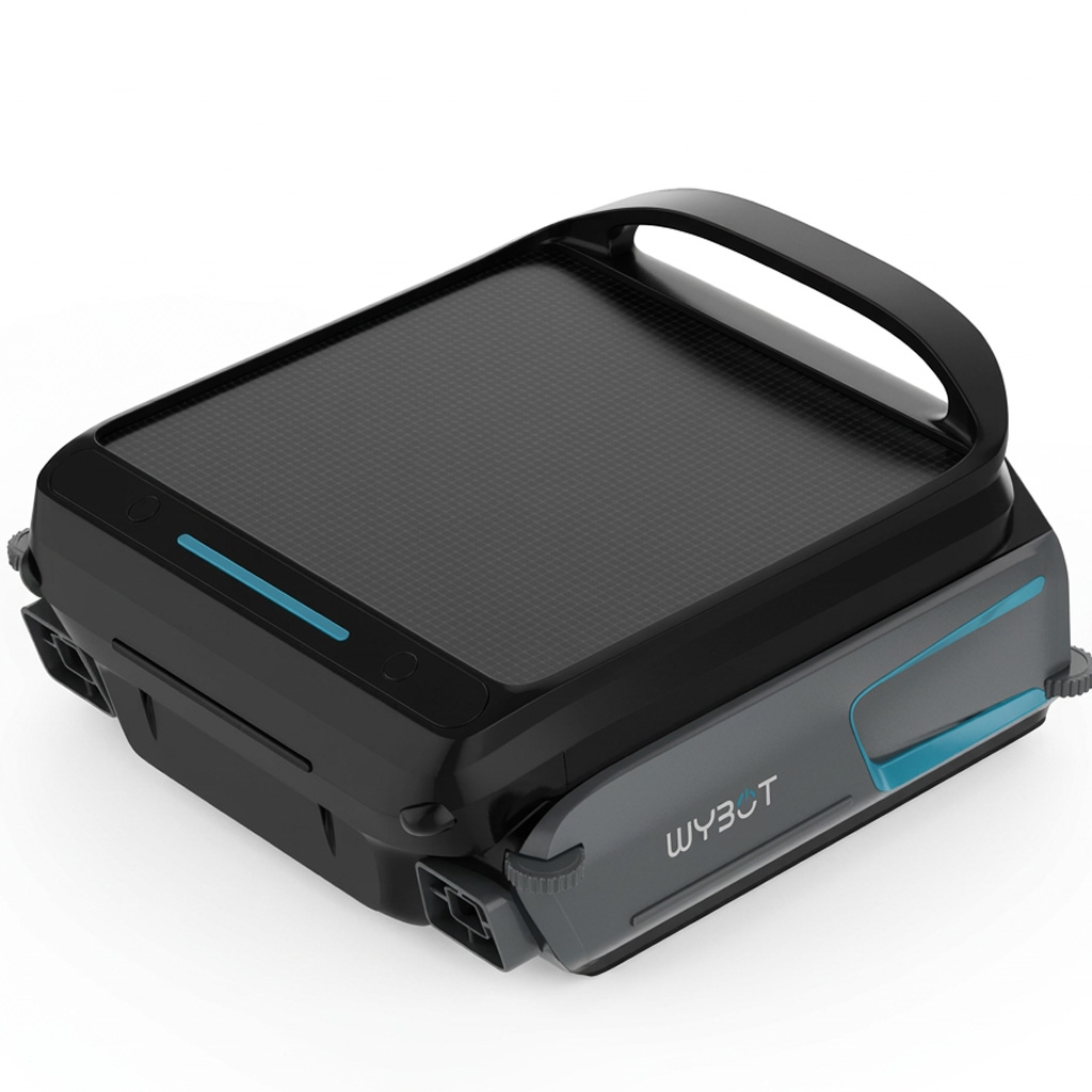 Schwarzer Roboter-Poolreiniger mit elegantem Design und Griff.