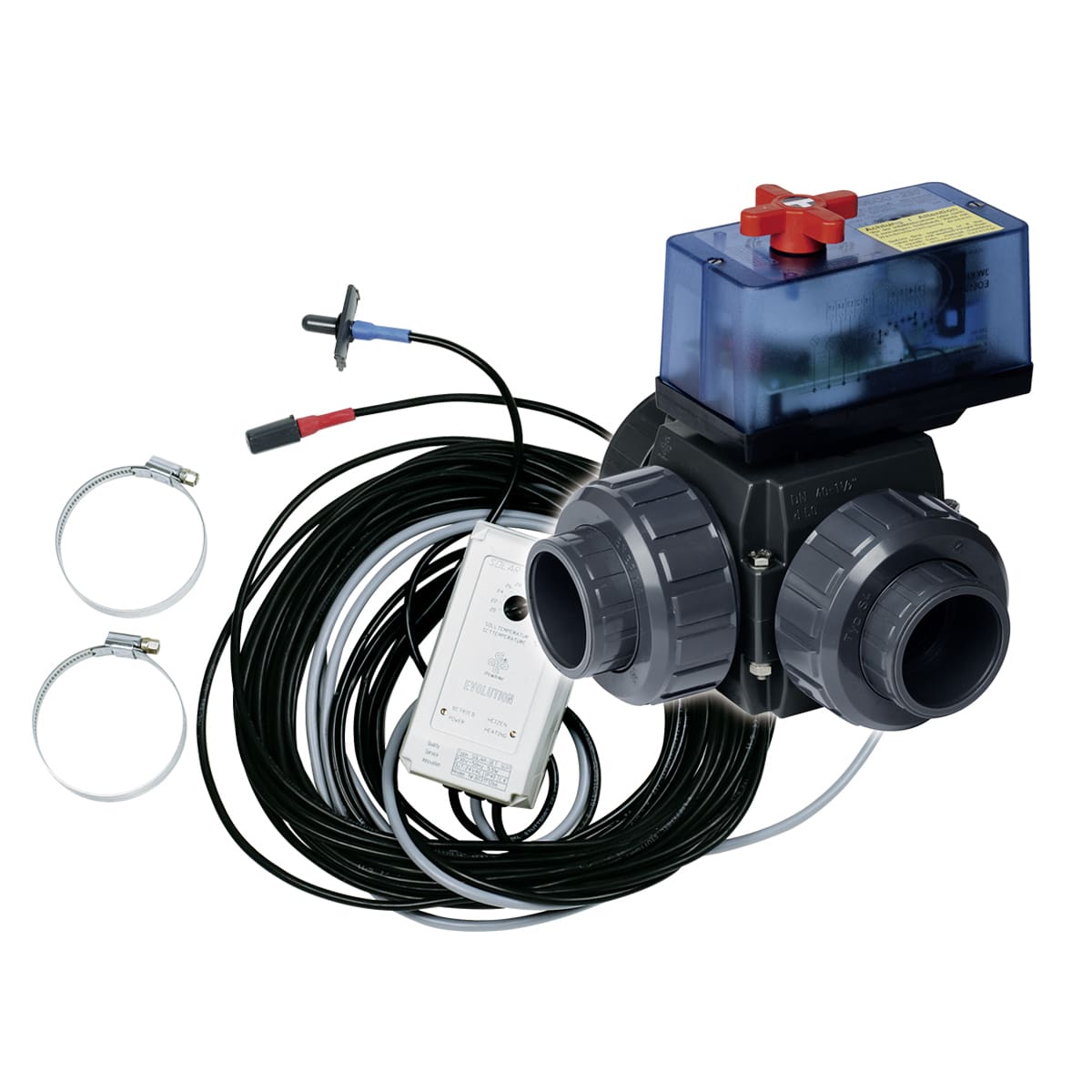 Elektronische Poolventilsteuerung mit Kabeln und Anschlüssen.