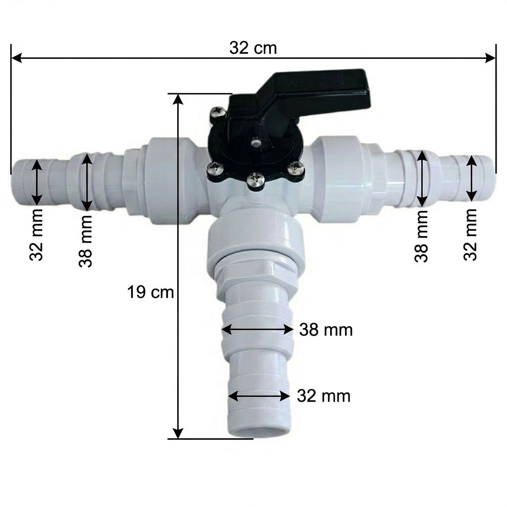Weißes PVC-T-Ventil mit verschiedenen Durchmessern und schwarzem Griff.
