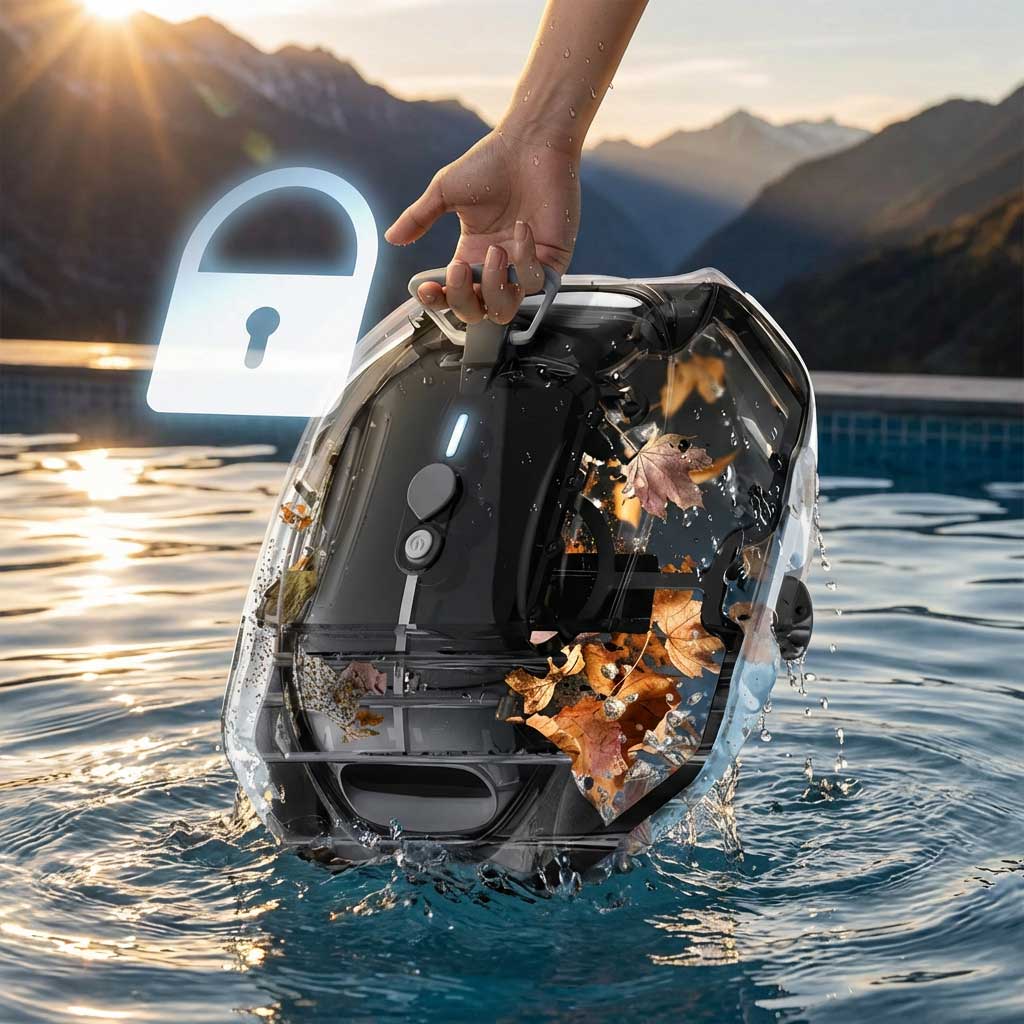 Poolreiniger mit transparentem Gehäuse, der mit der Hand gehalten wird und Blätter aus dem Wasser entfernt.