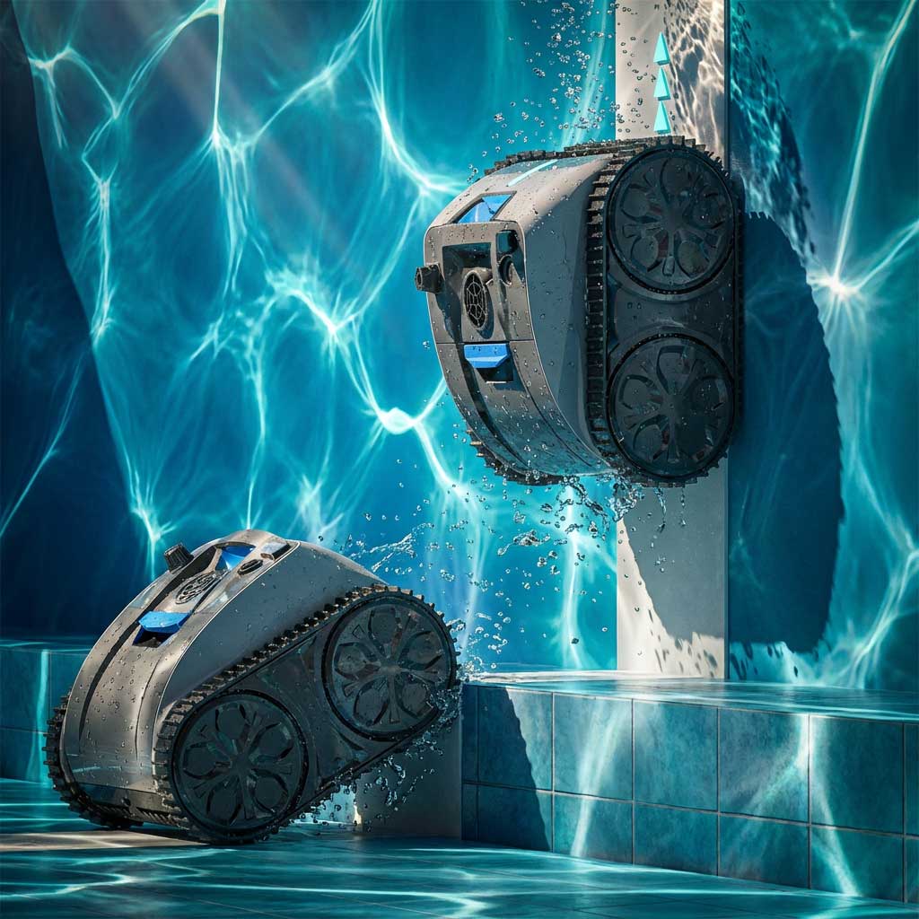 Zwei Roboter-Poolreiniger, die in einem Schwimmbad arbeiten.