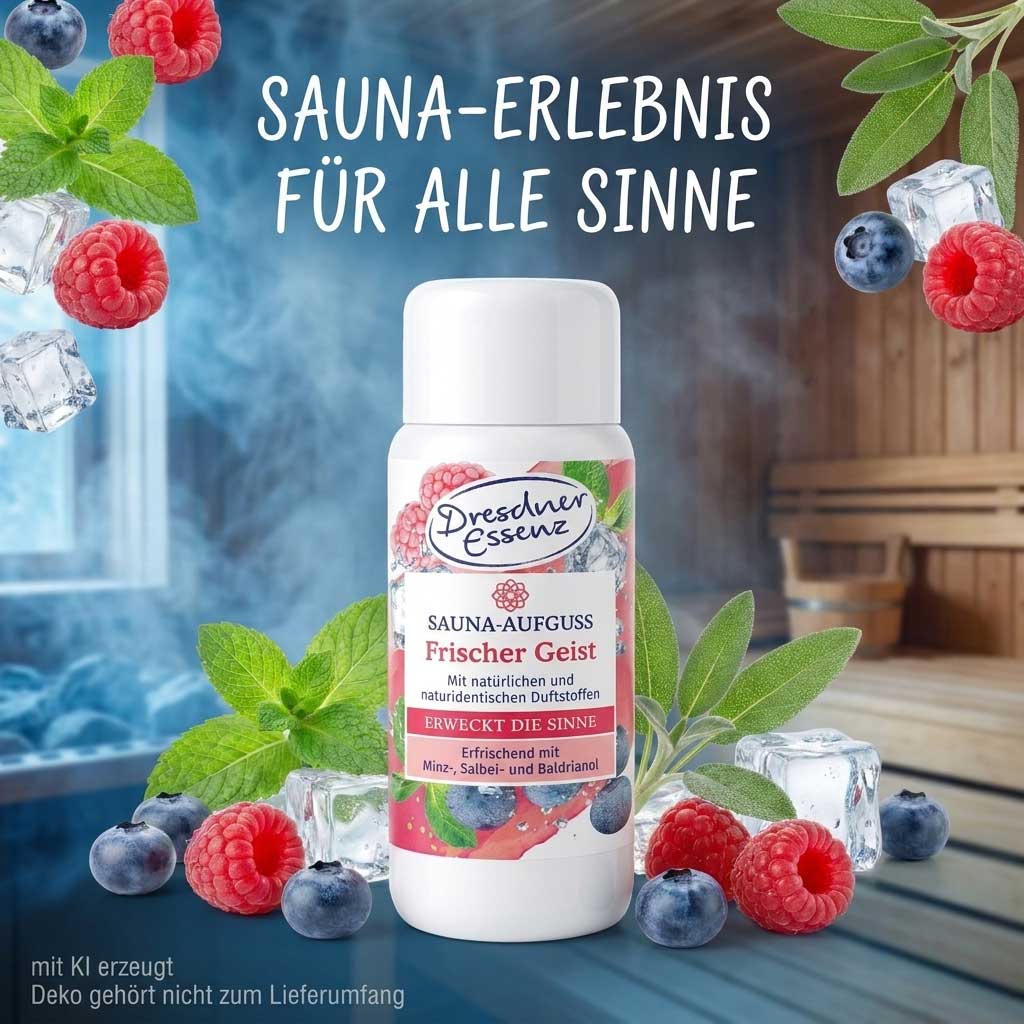 Eine weiße Flasche mit Saunaaufgusskonzentrat steht auf einer hölzernen Oberfläche.