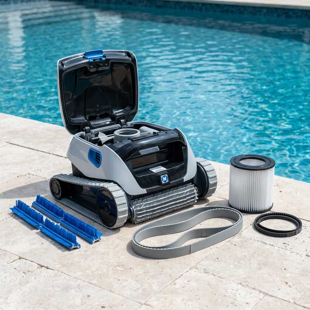 Automatischer Poolreiniger mit offener Zugangsklappe, Filter, Bürsten und Antriebsriementeilen.