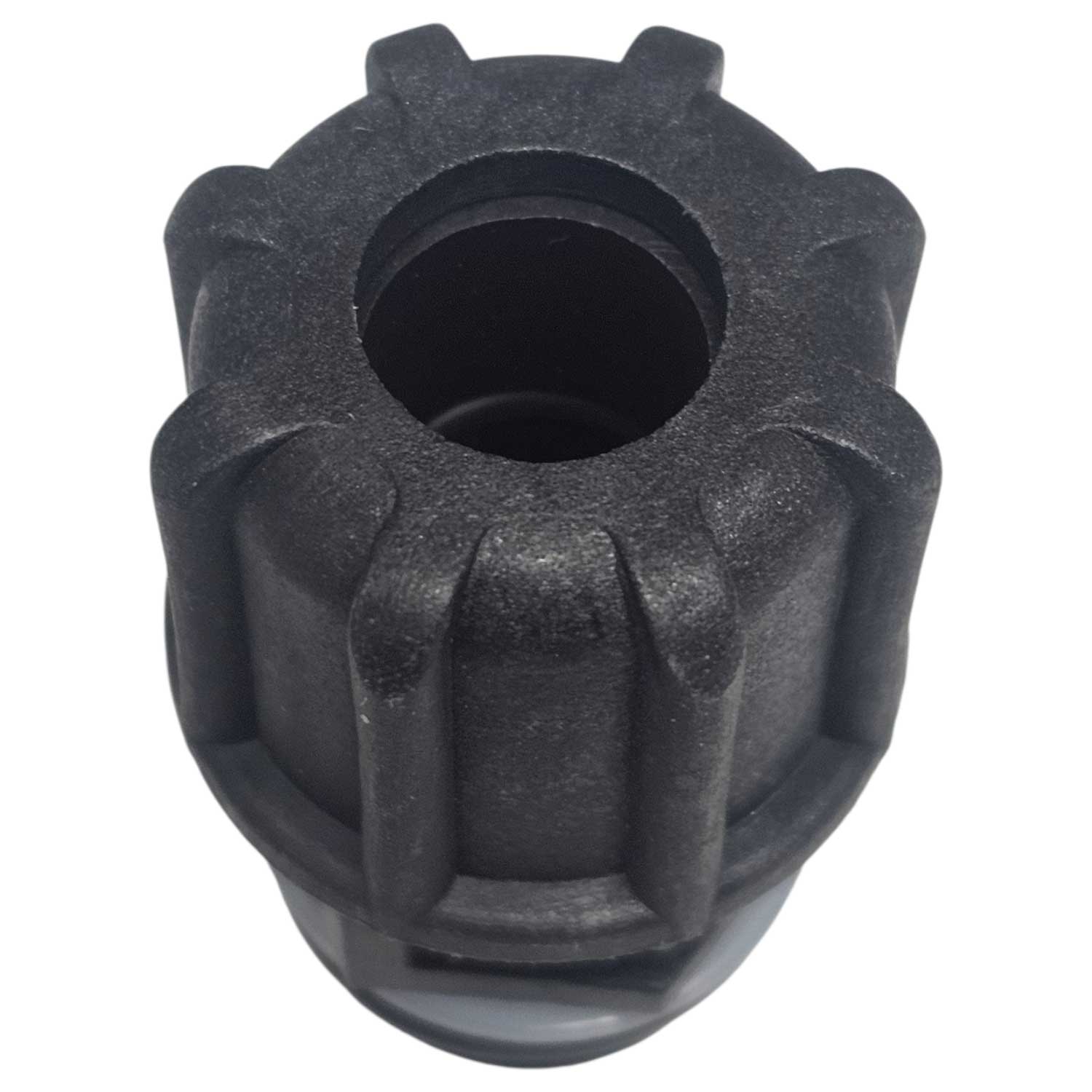 Schwarze Pool-Ventilkappe aus Kunststoff mit kreisförmiger Öffnung in der Mitte.