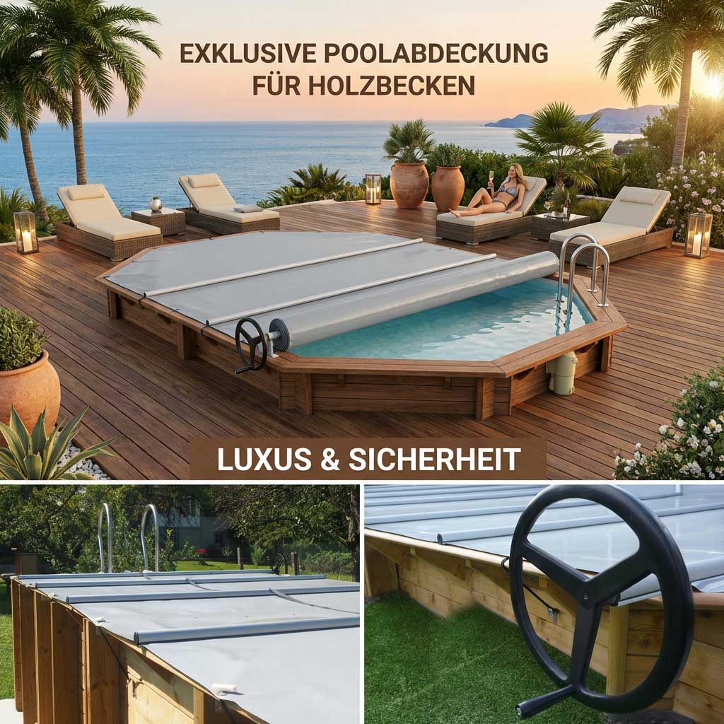 Pool mit Sicherheitsabdeckung und umgebender Holzterrasse.